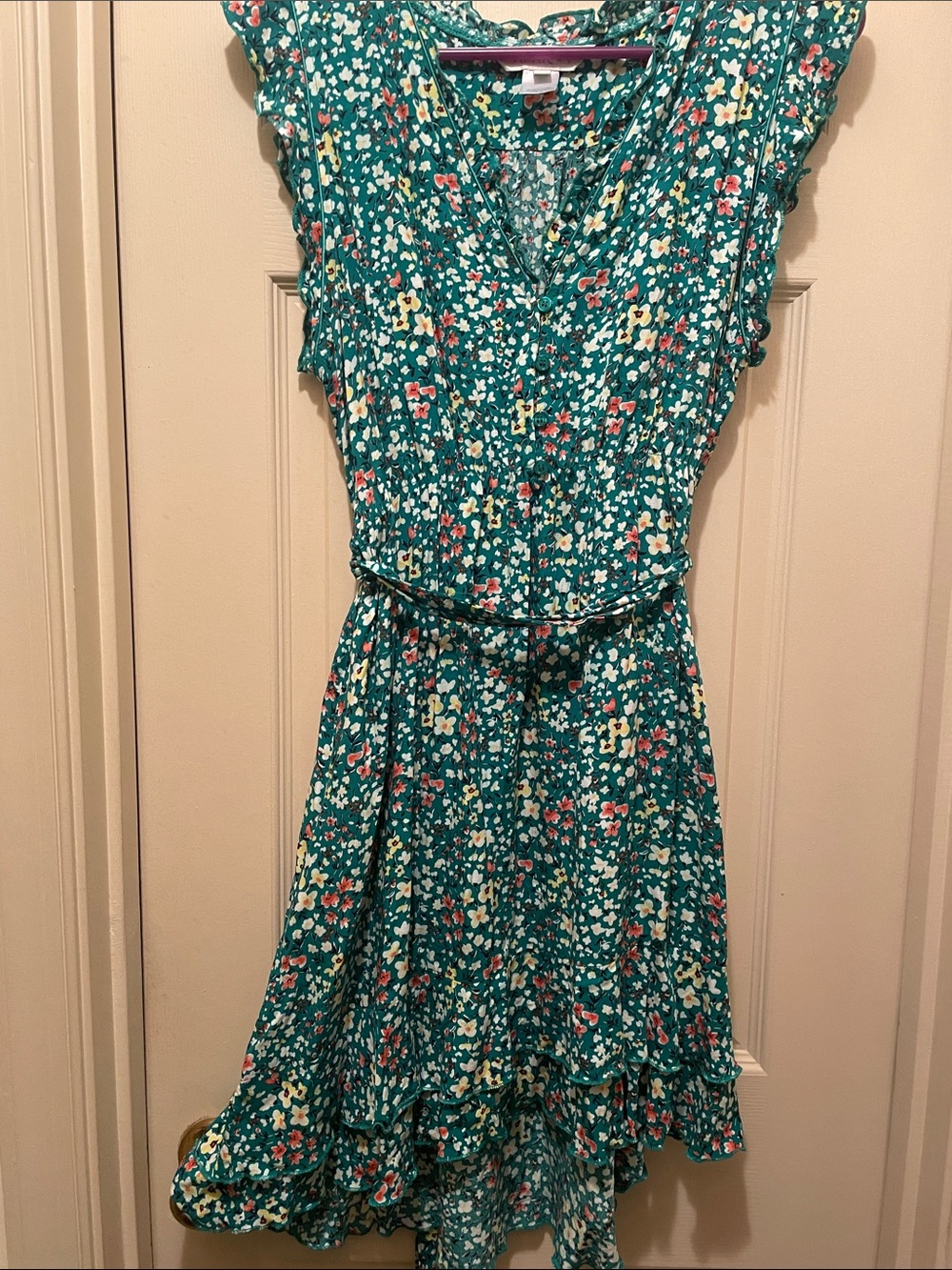 APRICOT Teal Floral High-Low Ruffle Dress